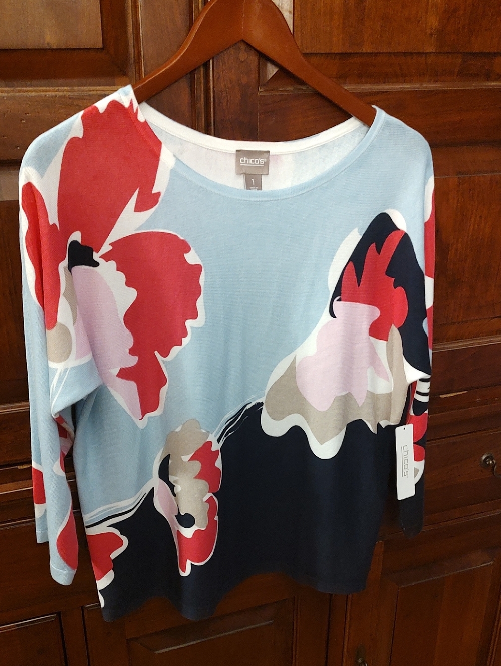 Chico's Light weight Blue Floral Boatneck Top with Red, Navy & Pink